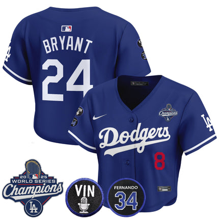 Women's Dodgers 2025 World Series Champions Crop Top Baseball Jersey - Vin Scully & Fernando Patch - All Stitched