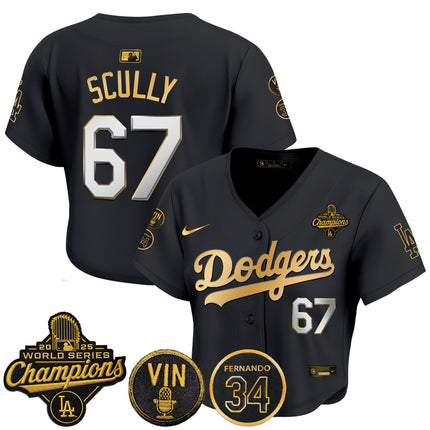 Women's Dodgers 2025 World Series Champions Crop Top Baseball Jersey - Vin Scully & Fernando Patch - All Stitched