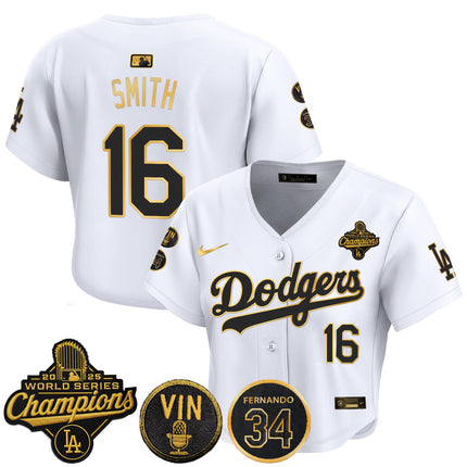 Women's Dodgers 2025 World Series Champions Crop Top Baseball Jersey - Vin Scully & Fernando Patch - All Stitched