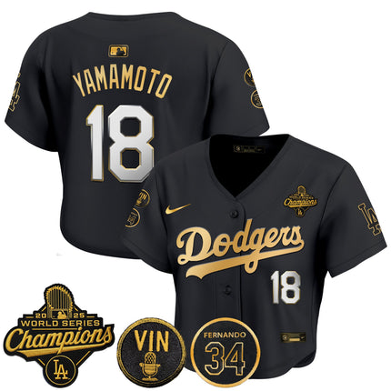 Women's Dodgers 2025 World Series Champions Crop Top Baseball Jersey - Vin Scully & Fernando Patch - All Stitched