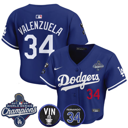 Women's Dodgers 2025 World Series Champions Crop Top Baseball Jersey - Vin Scully & Fernando Patch - All Stitched