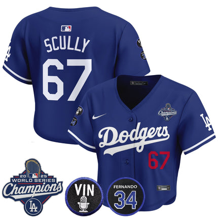 Women's Dodgers 2025 World Series Champions Crop Top Baseball Jersey - Vin Scully & Fernando Patch - All Stitched