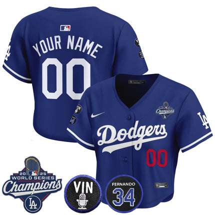 Dodgers 2025 World Series Champions Crop Top Baseball Custom Jersey - Vin Scully & Fernando Patch - All Stitched