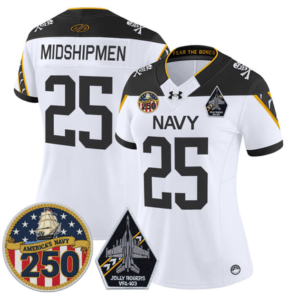 Women's Navy Midshipmen 'Jolly Rogers Edition' Vapor Limited Jersey - 250th Anniversary Patch - All Stitched
