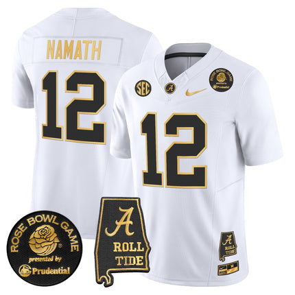 Men's Alabama Crimson Tide 2025 Rose Bowl Gold Vapor Limited Jersey - Alabama Map - All Stitched