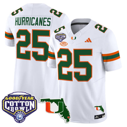 Men's Miami Hurricanes 2025 Cotton Bowl & Florida Patch Vapor Limited Jersey - All Stitched