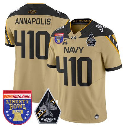 Men's Navy Midshipmen 'Jolly Rogers Edition' Vapor Limited Jersey - 2026 Liberty Bowl Patch - All Stitched