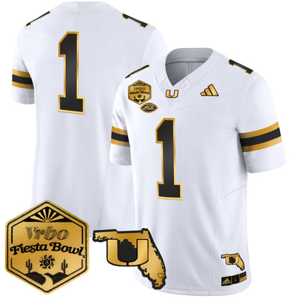 Men's Miami Hurricanes 2026 The Fiesta Bowl & Florida Patch Gold Vapor Limited Jersey - All Stitched