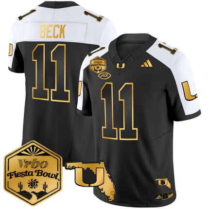 Men's Miami Hurricanes 2026 The Fiesta Bowl & Florida Patch Gold Vapor Limited Jersey - All Stitched