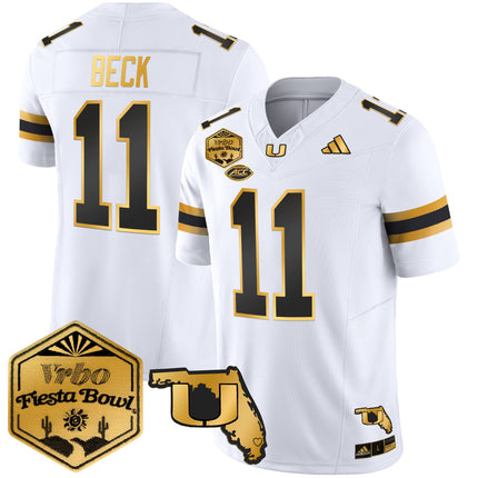 Men's Miami Hurricanes 2026 The Fiesta Bowl & Florida Patch Gold Vapor Limited Jersey - All Stitched