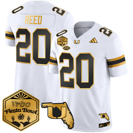 Men's Miami Hurricanes 2026 The Fiesta Bowl & Florida Patch Gold Vapor Limited Jersey - All Stitched