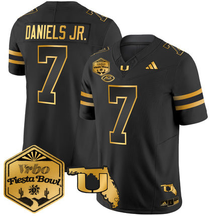 Men's Miami Hurricanes 2026 The Fiesta Bowl & Florida Patch Gold Vapor Limited Jersey - All Stitched