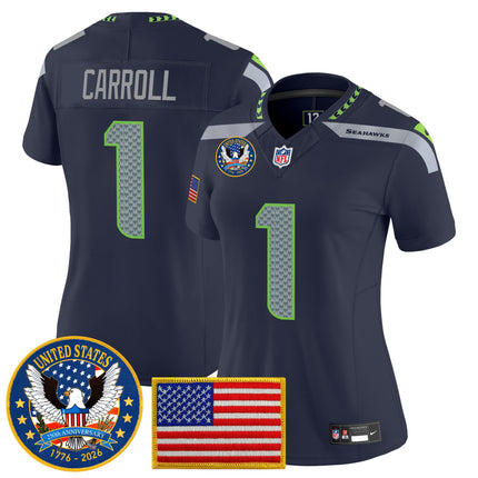 Women's Seattle Seahawks "United States 250th Anniversary Patch" Vapor Limited Jersey - All Stitched
