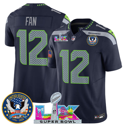 Men's Seattle Seahawks "Super Bowl LX & United States 250th Patch" Vapor Limited Jersey - All Stitched