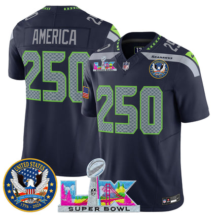 Men's Seattle Seahawks "Super Bowl LX & United States 250th Patch" Vapor Limited Jersey - All Stitched