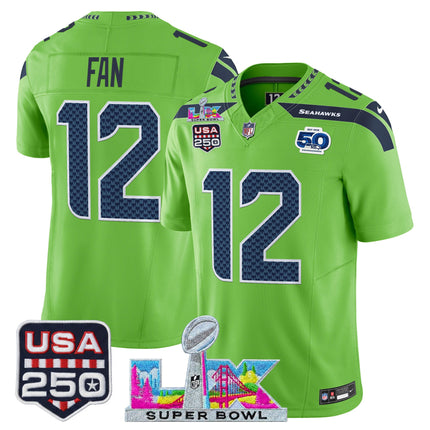 Men's Seattle Seahawks "Super Bowl LX & United States 250th Anniversary Patch" Vapor Limited Jersey - All Stitched