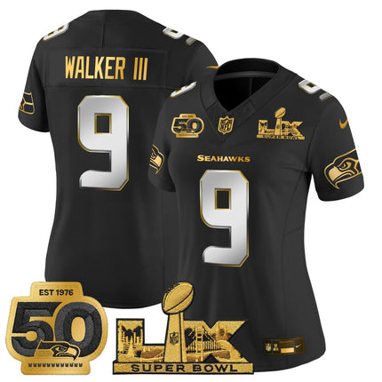 Women's Seattle Seahawks "Super Bowl LX & 50th Patch" Gold Vapor Limited Jersey - All Stitched