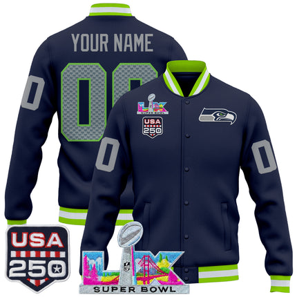 Seattle Seahawks "Super Bowl LX & United States 250th Anniversary Patch" Custom Jacket- All Stitched