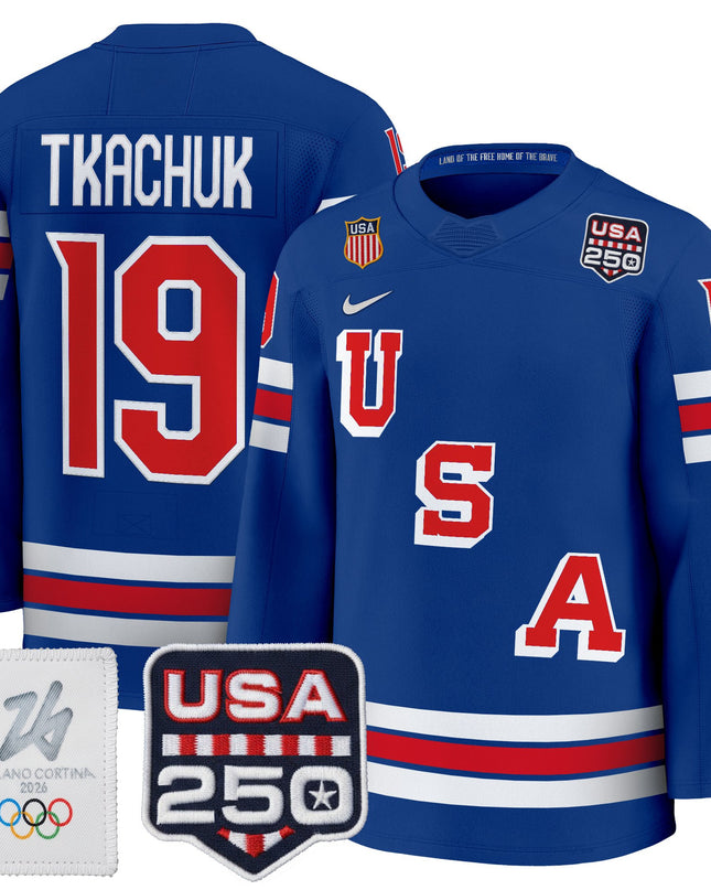 Men's 2026 USA Olympic 250America Patch Premium Hockey Jersey - All Stitched