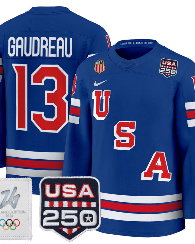 Men's 2026 USA Olympic 250America Patch Premium Hockey Jersey - All Stitched