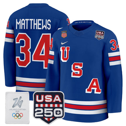 Men's 2026 USA Olympic 250America Patch Premium Hockey Jersey - All Stitched