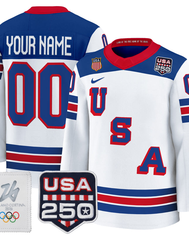 2026 USA Olympic 250America Patch Premium Custom Hockey Jersey - All Stitched