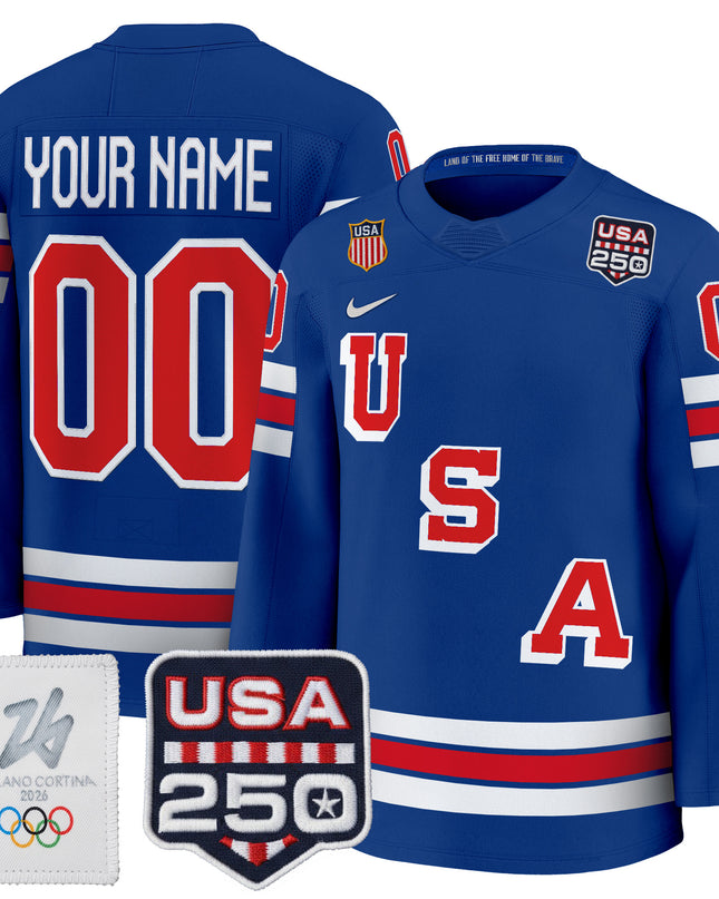 2026 USA Olympic 250America Patch Premium Custom Hockey Jersey - All Stitched