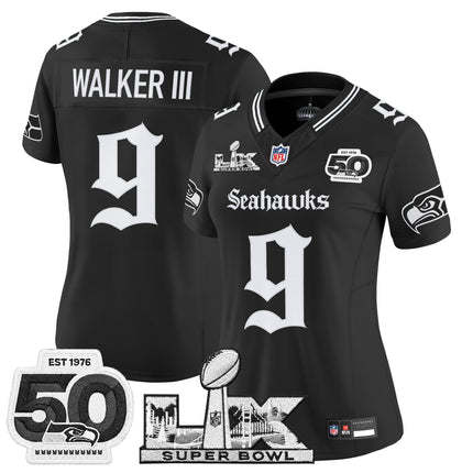 Women's Seattle Seahawks "Super Bowl LX & 50th Patch" Vapor Limited Jersey - Gothic Edition - All Stitched