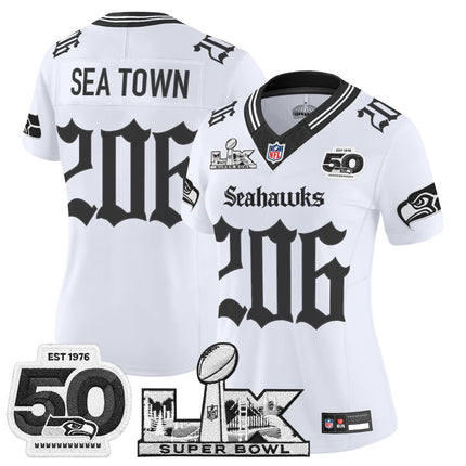 Women's Seattle Seahawks "Super Bowl LX & 50th Patch" Vapor Limited Jersey - Gothic Edition - All Stitched