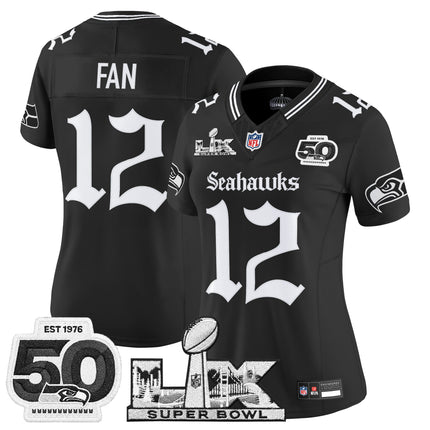 Women's Seattle Seahawks "Super Bowl LX & 50th Patch" Vapor Limited Jersey - Gothic Edition - All Stitched