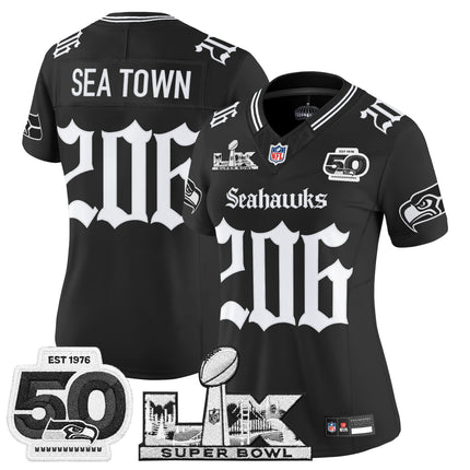 Women's Seattle Seahawks "Super Bowl LX & 50th Patch" Vapor Limited Jersey - Gothic Edition - All Stitched