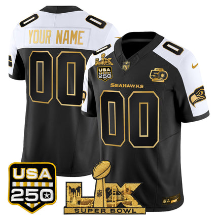 Seattle Seahawks "Super Bowl LX & United States 250th Anniversary Patch" Gold Vapor Limited Custom Jersey - All Stitched