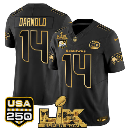 Men's Seattle Seahawks "Super Bowl LX & United States 250th Anniversary Patch" Gold Vapor Limited Jersey - All Stitched
