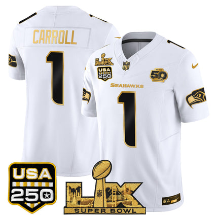 Men's Seattle Seahawks "Super Bowl LX & United States 250th Anniversary Patch" Gold Vapor Limited Jersey - All Stitched