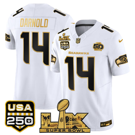 Men's Seattle Seahawks "Super Bowl LX & United States 250th Anniversary Patch" Gold Vapor Limited Jersey - All Stitched