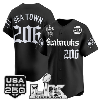 Men's Seattle Seahawks “Super Bowl LX & 50th Patch” Vapor Baseball Jersey - Gothic Edition - All Stitched