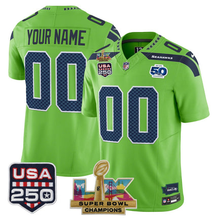 Seattle Seahawks "Super Bowl LX Champions & United States 250th Anniversary Patch" Custom Jersey - All Stitched