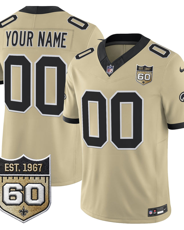 New Orleans Saints 60th Anniversary Patch Vapor Custom Jersey - Gameday Golds Edition - All Stitched