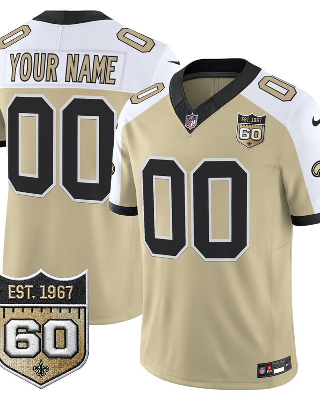 New Orleans Saints 60th Anniversary Patch Vapor Custom Jersey - Gameday Golds Edition - All Stitched