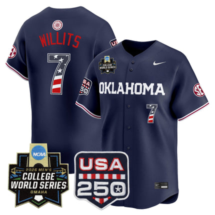 Men's Oklahoma Sooners USA 250 Fourth of July Vapor Premier Limited Jersey - 2026 World Series Patch - All Stitched