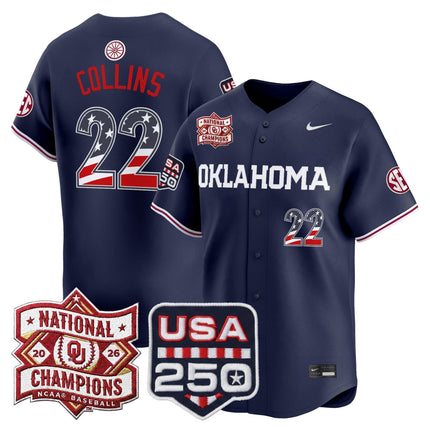 Collins Oklahoma Sooners USA 250 Fourth of July Vapor Premier Limited Jersey - National Champions Patch - All Stitched