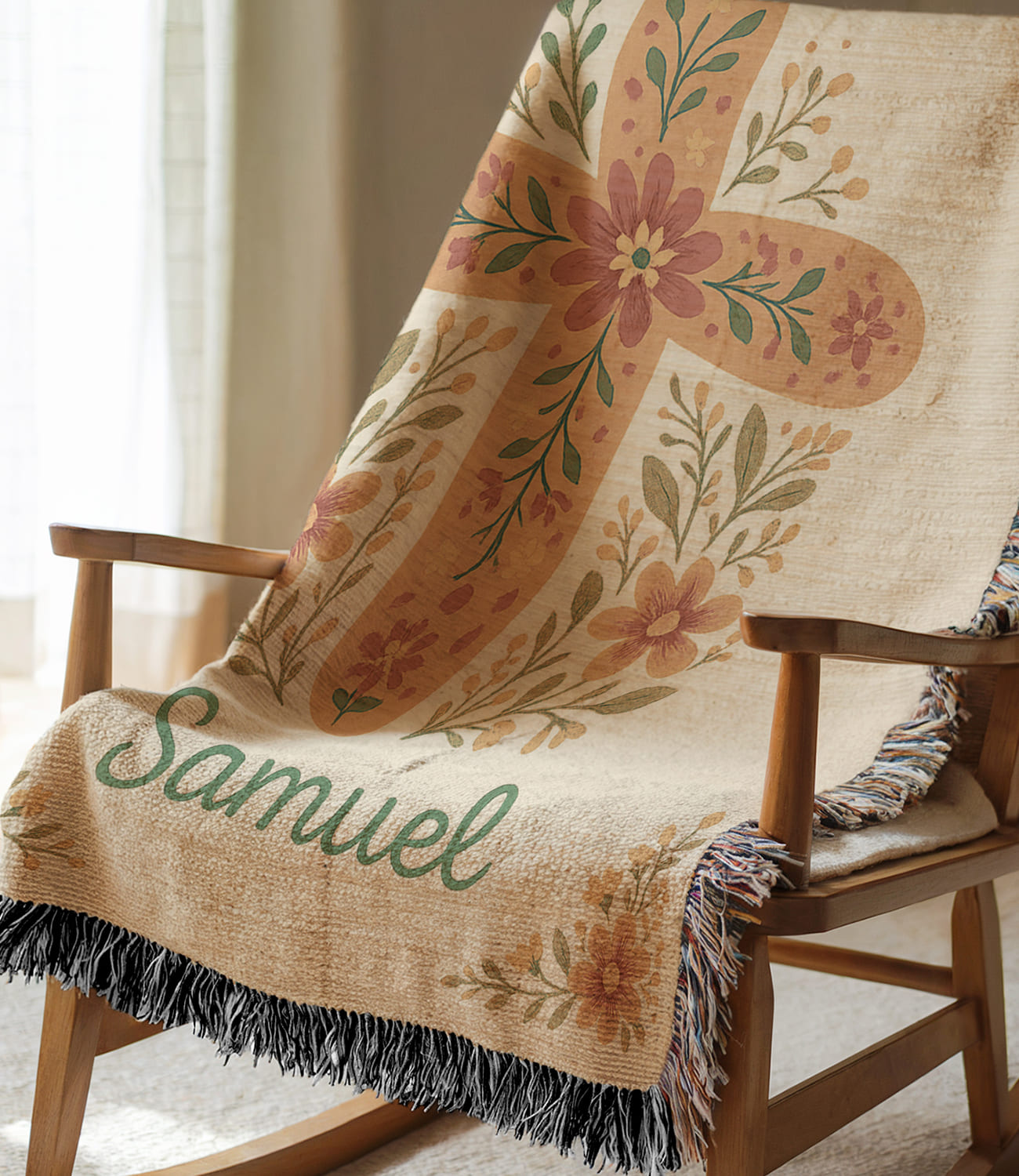 Floral Cross Personalized Woven Blanket