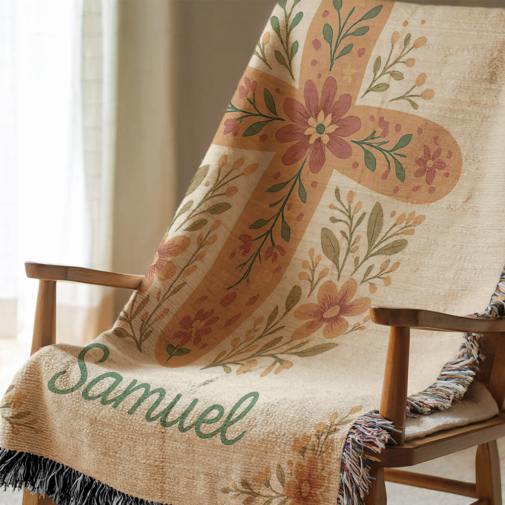 Floral Cross Personalized Woven Blanket