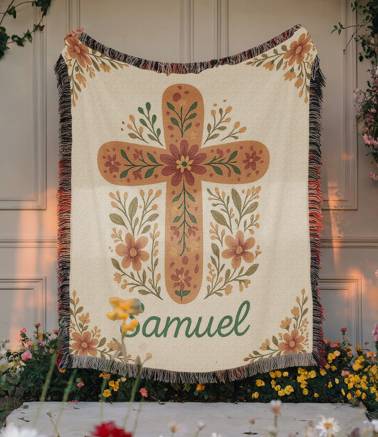 Floral Cross Personalized Woven Blanket