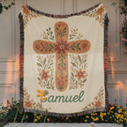 Floral Cross Personalized Woven Blanket