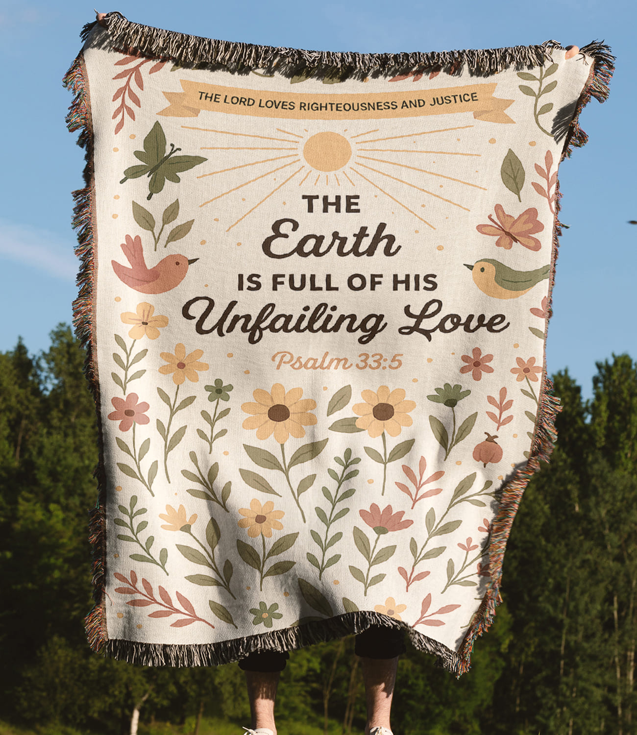 “The Earth is full of His unfailing love” Woven Blanket