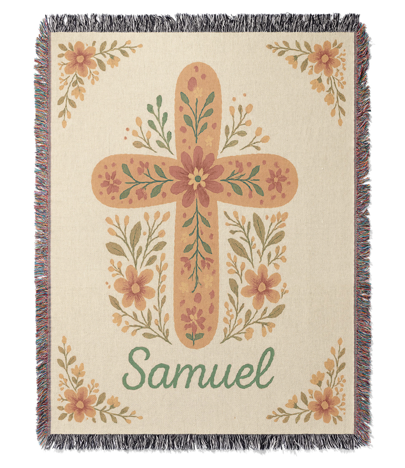 Floral Cross Personalized Woven Blanket