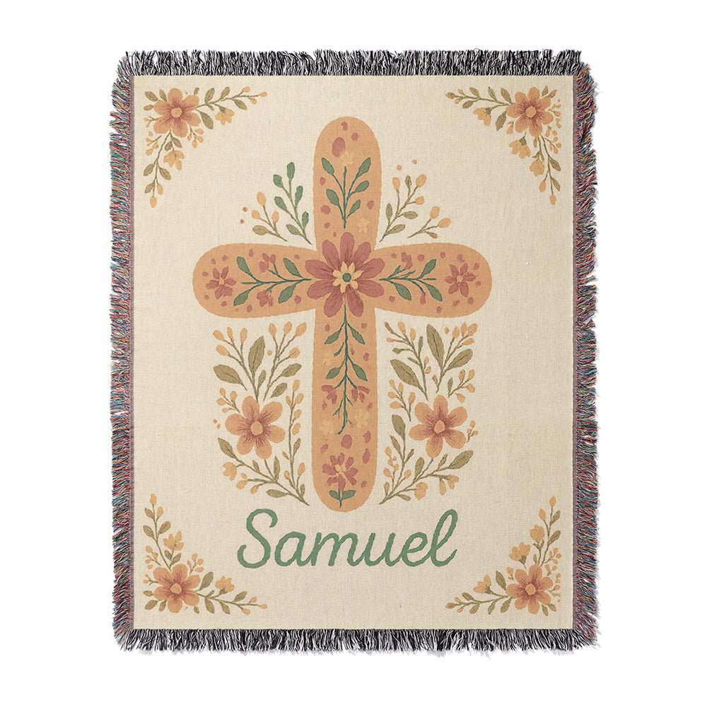 Floral Cross Personalized Woven Blanket