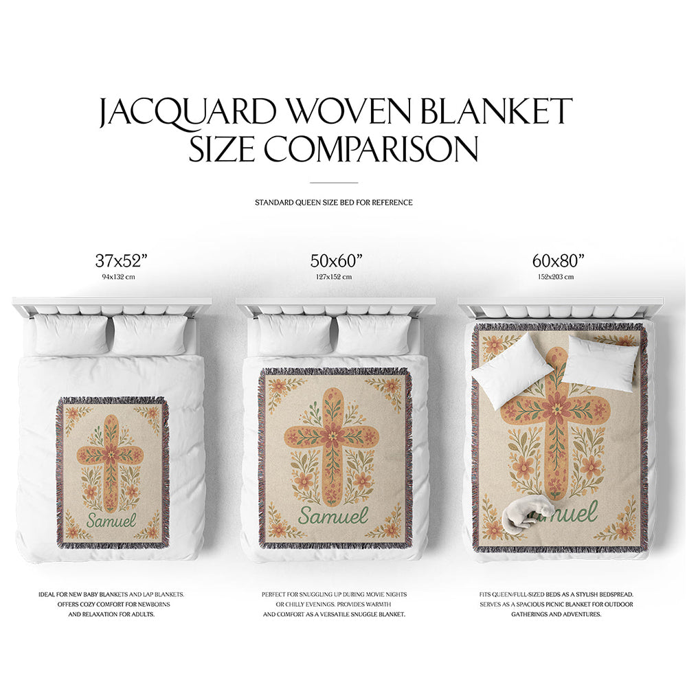 Floral Cross Personalized Woven Blanket