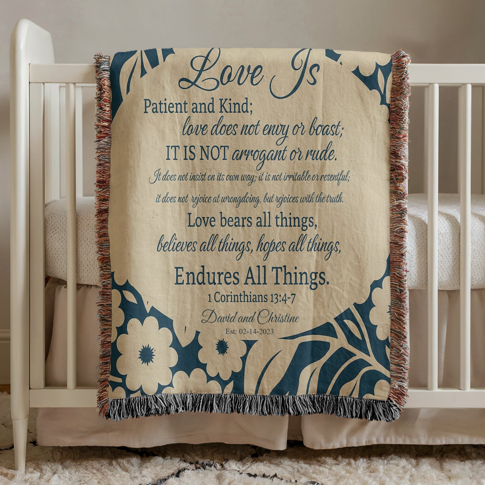 Personalized “Love Is” 1 Corinthians 13:4–7 Scripture Gift Woven Blanket